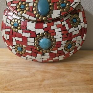 Red and Turquoise Mosaic Clutch  With Chain Strap